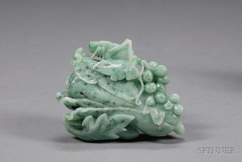 Appraisal: Jade Carving China bright green stone with emerald markings carved