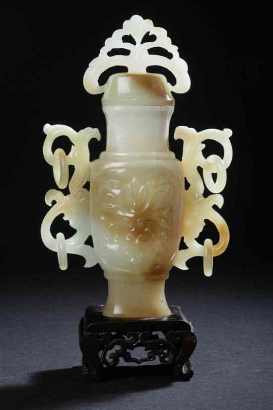 Appraisal: CHINESE CELADON AND CHOCOLATE JADE VASE AND COVER - in