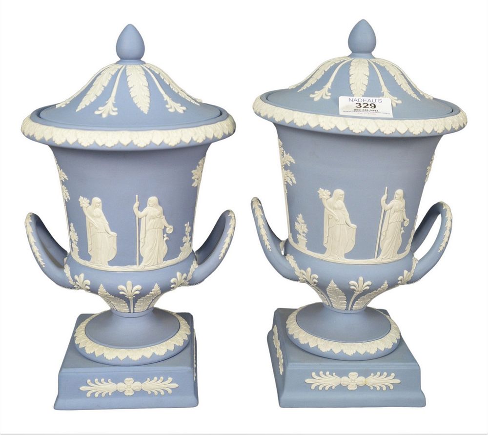 Appraisal: Pair of Wedgwood Jasperware Lidded Urns light blue ground with