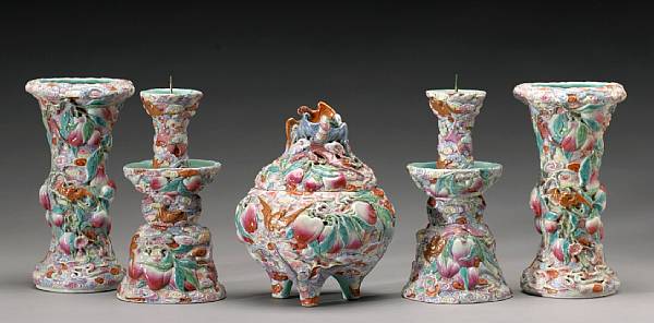 Appraisal: An elaborately molded and enameled porcelain five-piece altar garniture Qianlong