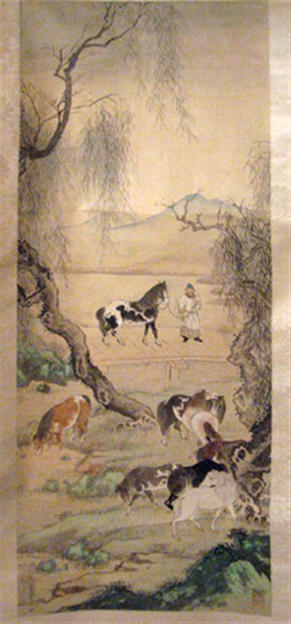 Appraisal: Pair of Chinese painted hanging scrolls late qing dynasty Both