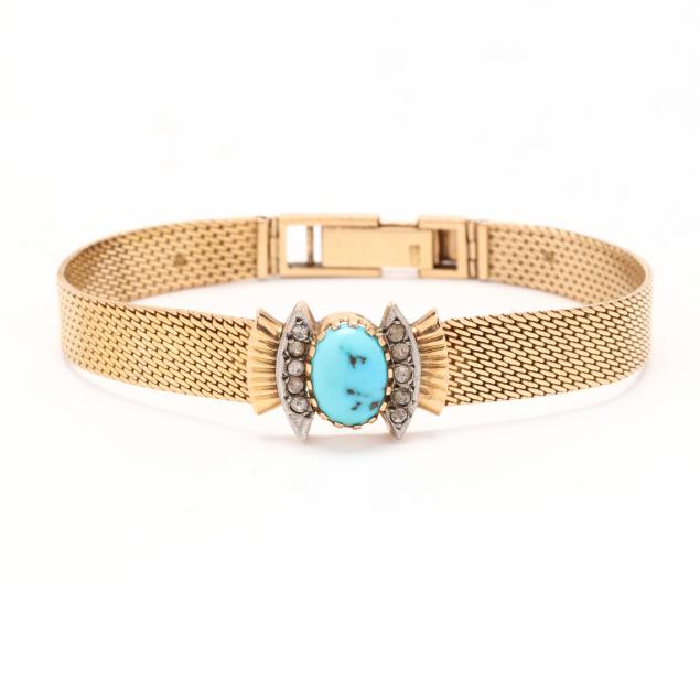 Appraisal: RETRO GOLD AND TURQUOISE BRACELET MIDDLE EASTERN In a woven