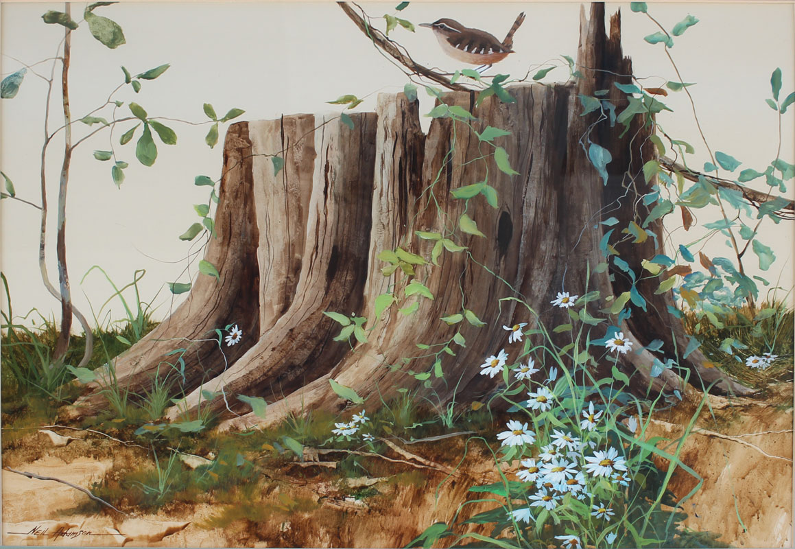 Appraisal: ADAMSON Neil American th Century ''Tree Stump and Bird'' Acrylic