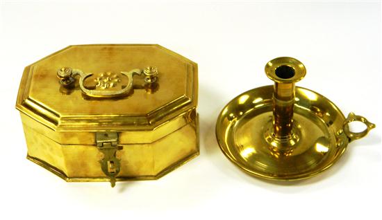 Appraisal: Brass candleholder with push cup chamber stick finger-ring attached to