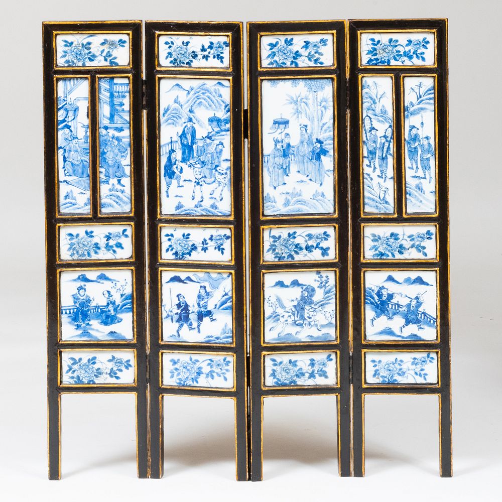 Appraisal: Chinese Blue and White Porcelain Mounted Ebonized Four Panel Table