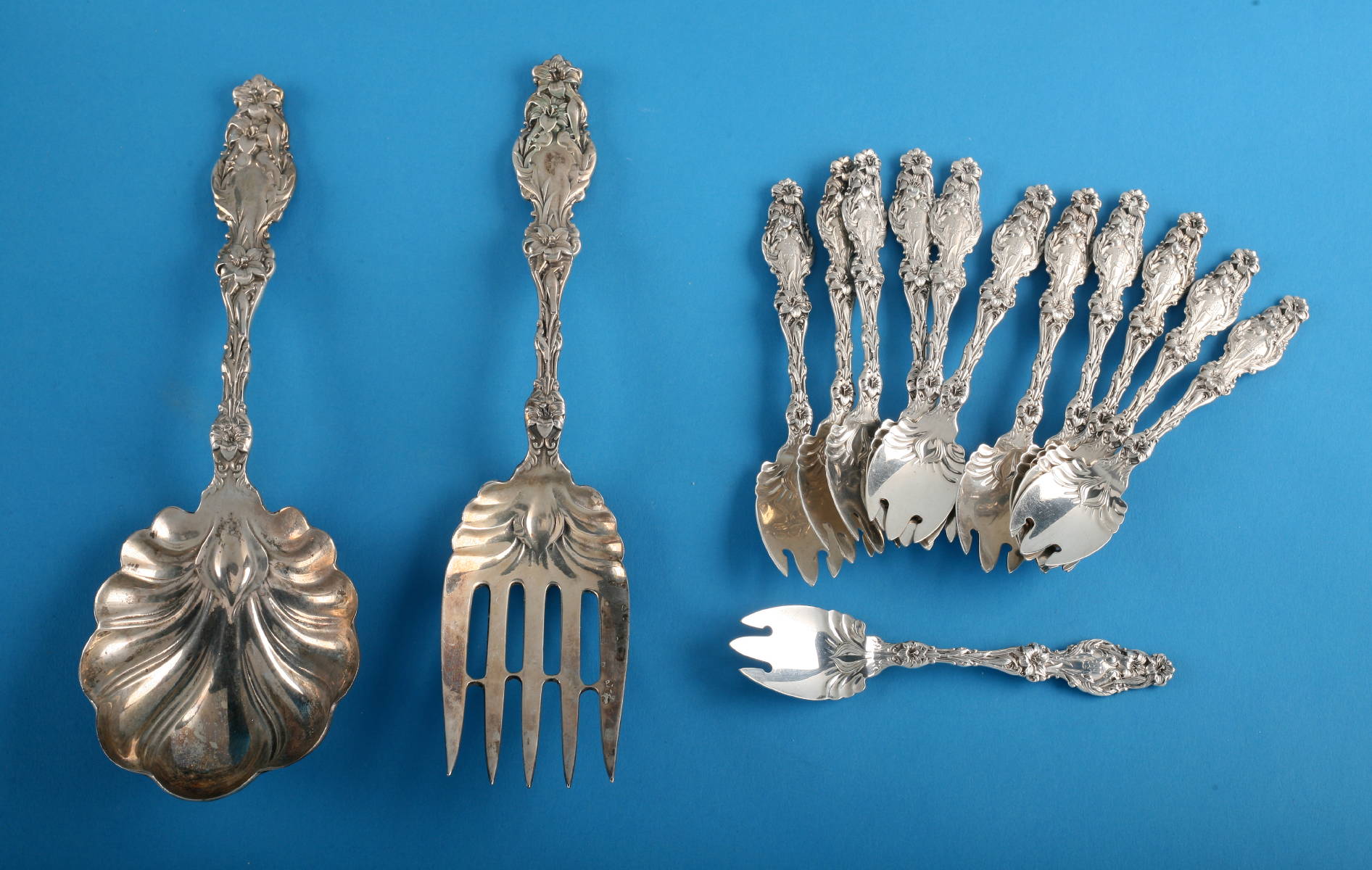 Appraisal: AMERICAN SILVER quot LILY quot PATTERN SALAD FORK AND SPOON