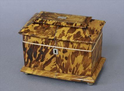 Appraisal: REGENCY TORTOISESHELL TEA CADDY With silver and ivory inlay x