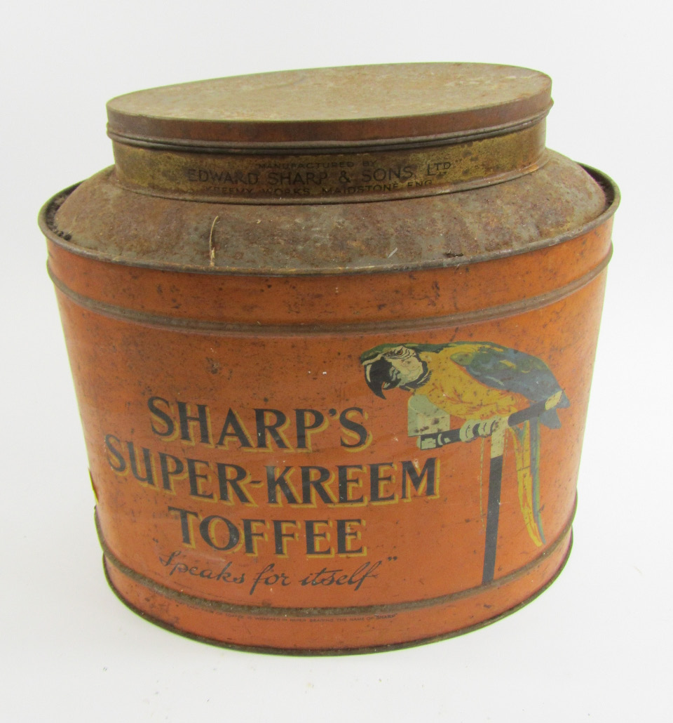 Appraisal: A Sharp's Super-Kreem toffee tin of oval form printed with