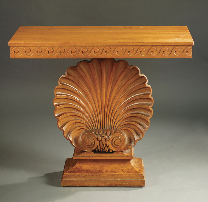 Appraisal: MODERNIST MAHOGANY SHELL PEDESTAL CONSOLE TABLE Edward J Wormley -