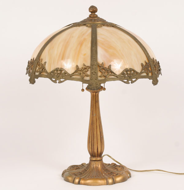 Appraisal: Six panel caramel slag lamp molded white metal base and