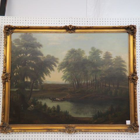 Appraisal: Antique Oil Painting landscape with figures in boat with two