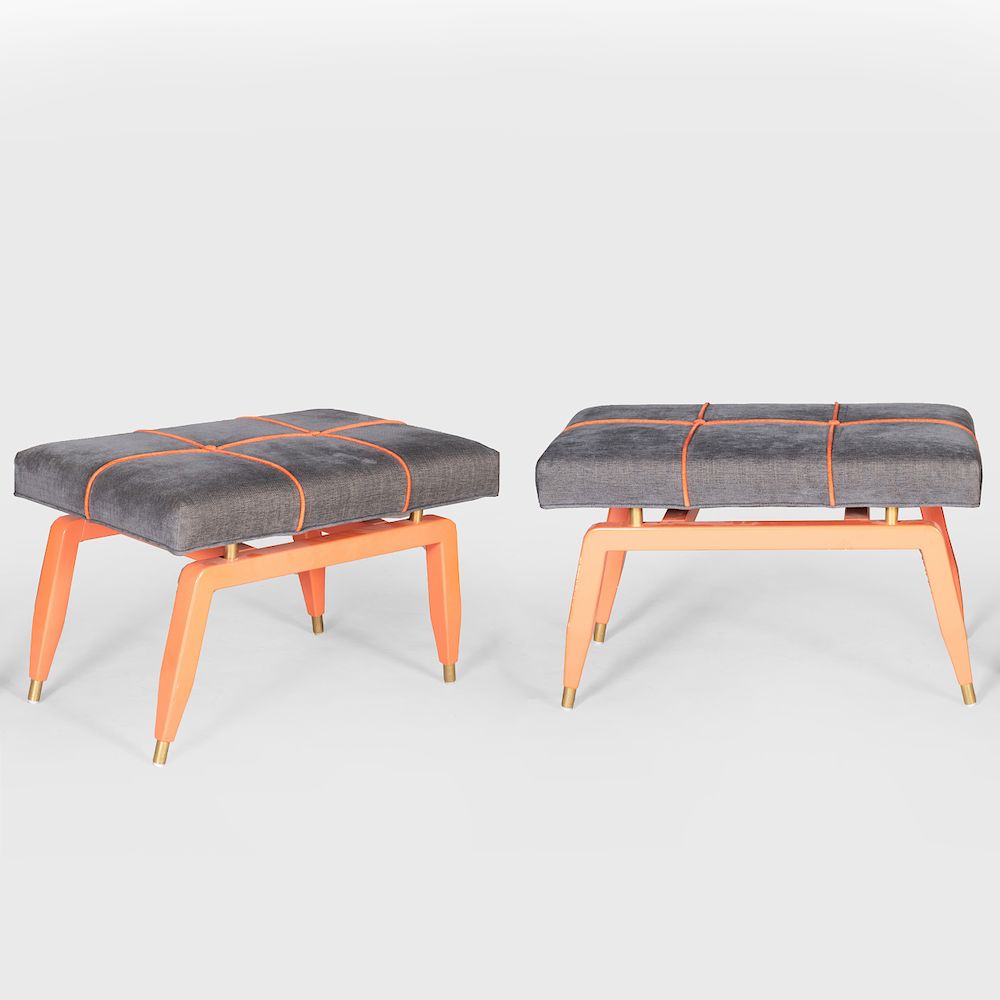 Appraisal: Pair of Mid Century Modern Brass-Mounted Orange Painted Stools Upholstered