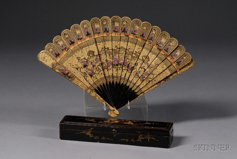 Appraisal: Chinese Export Fan th century black lacquer with gold silver