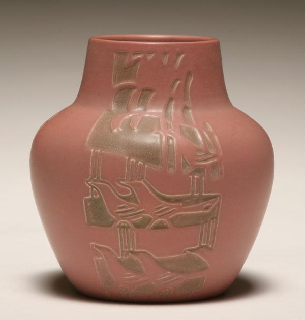 Appraisal: Overbeck mauve art pottery vase carved with a triad of