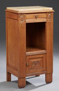 Appraisal: French Art Deco Carved Oak Marble Top Nightstand early th