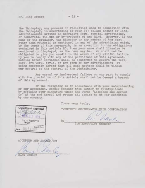 Appraisal: BING CROSBY Contract signed by Crosby for High Time December