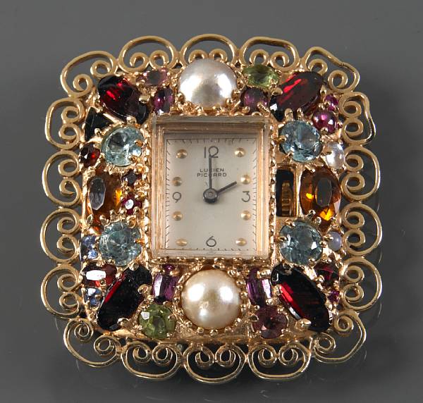 Appraisal: A gem-set and k gold brooch-desk clock Lucien Piccard jewel