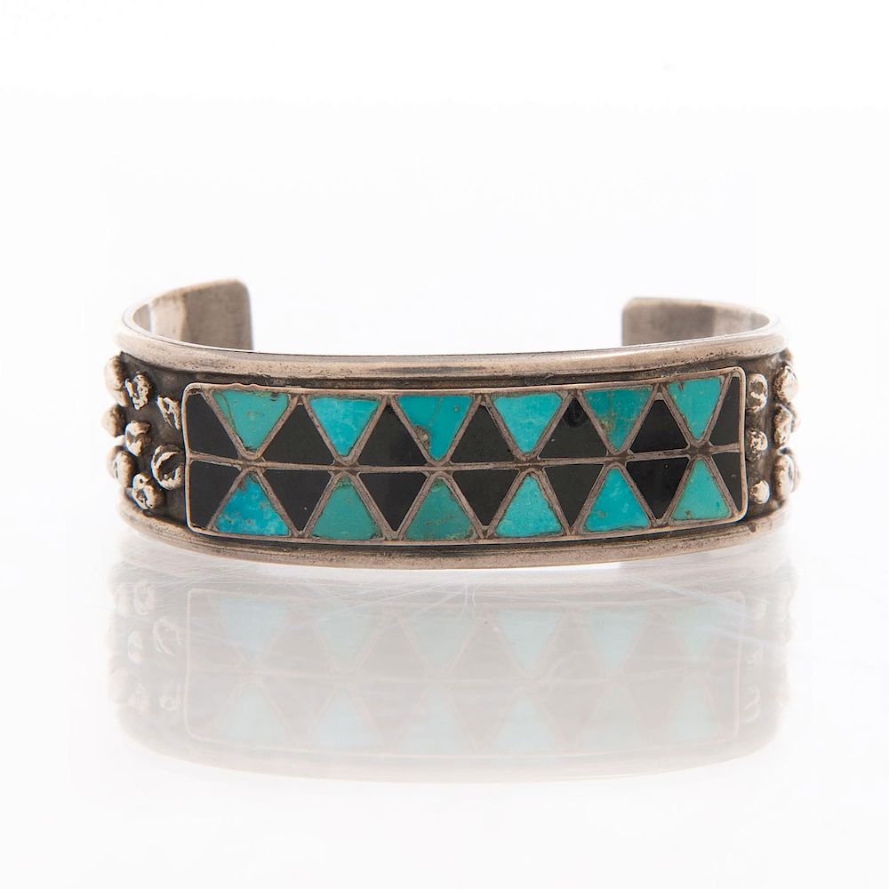 Appraisal: RANDOLPH LATEYICE ZUNI INLAID SILVER BRACELET Cuff bracelet with inset