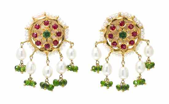 Appraisal: A Pair of Yellow Gold Sapphire Tsavorite Garnet and Cultured