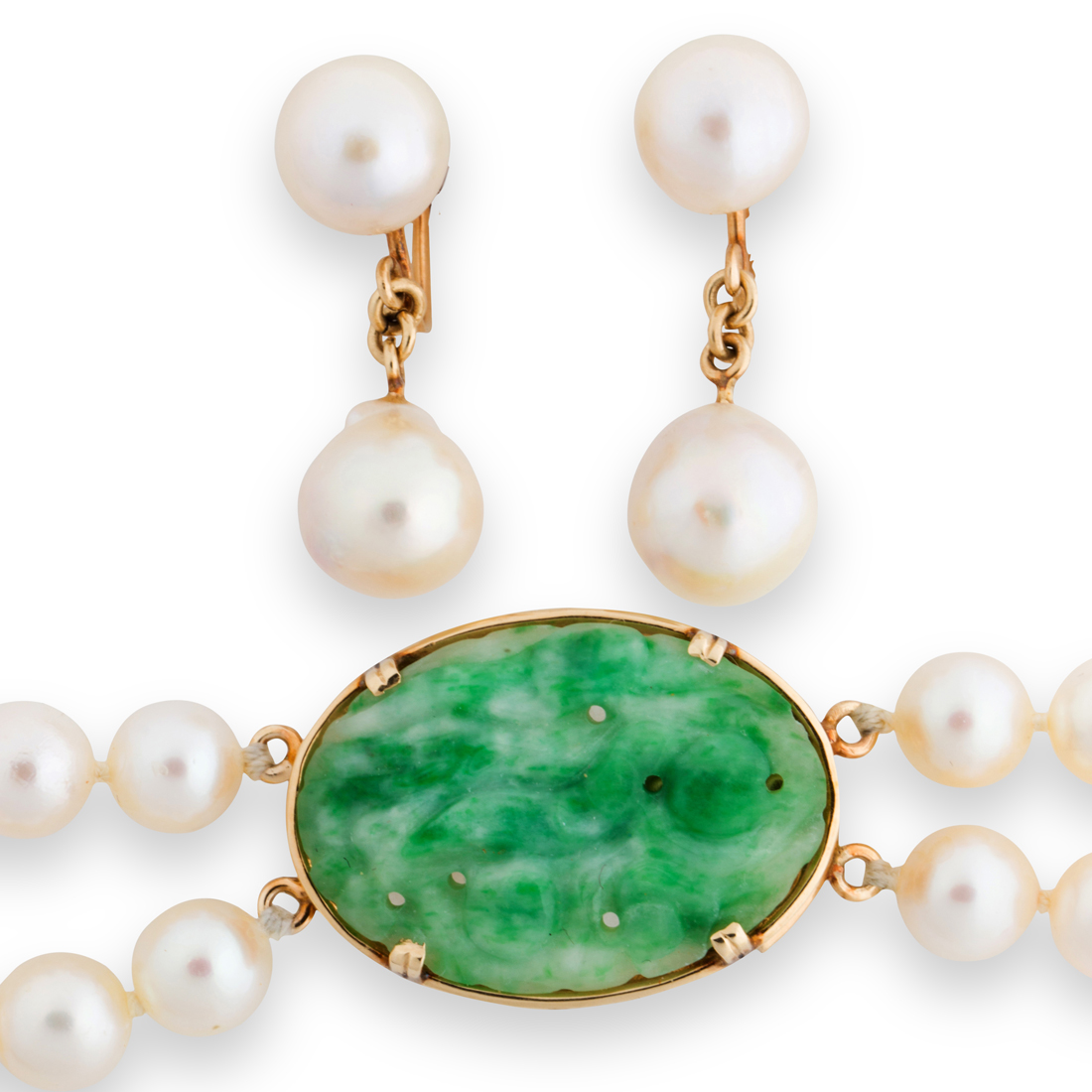 Appraisal: A CULTURED PEARL AND JADE NECKLACE AND EAR CLIPS SUITES