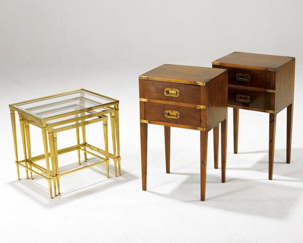 Appraisal: CAMPAIGN STYLE NIGHT STANDS Pair of mahogany and brass two-drawer