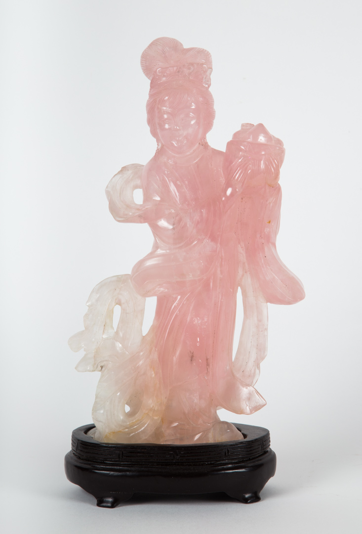 Appraisal: Chinese carved pink quartz Quan-Yin th century mounted on fitted