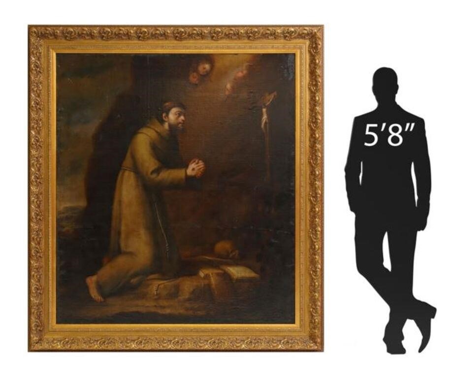 Appraisal: Framed oil on canvas painting Saint Francis of Assisi Adoring