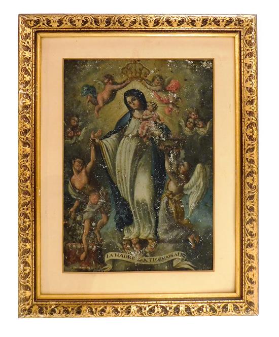 Appraisal: th C Mexican retablo oil on tin depicting La Madre