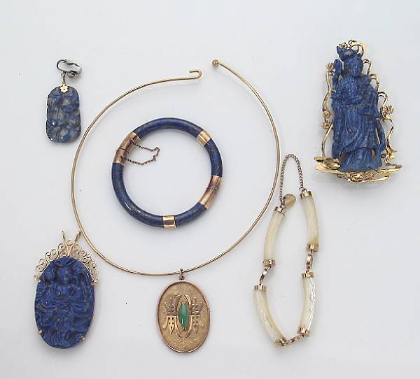 Appraisal: A collection of jade lapis mother-of-pearl and gold jewelry featuring