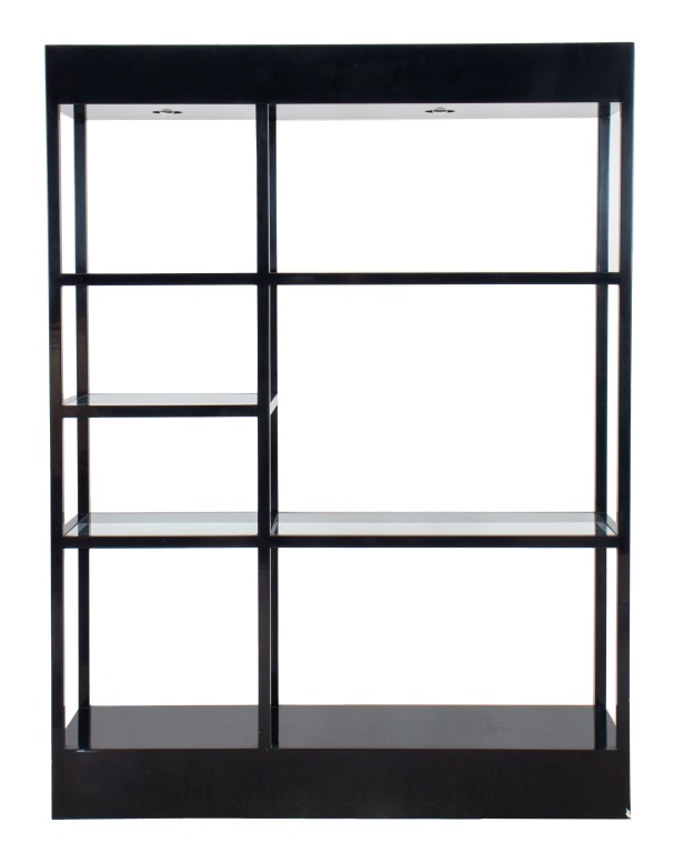 Appraisal: POSTMODERN BLACK LACQUER ETAGERE BOOKCASE S Postmodern black lacquered etagere-bookcase