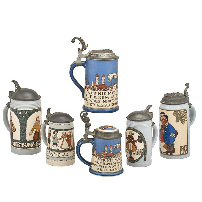 Appraisal: METTLACH ETCHED STEINS Six Numbers liter half liter half liter