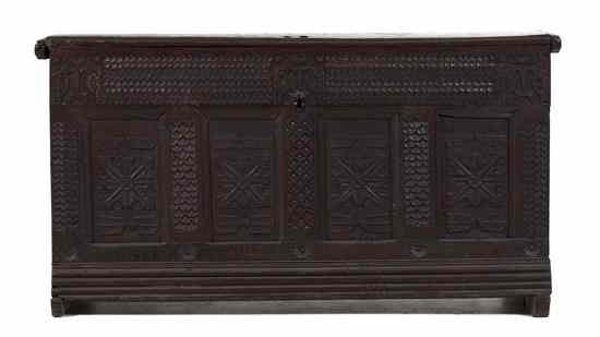 Appraisal: A Continental Carved Oak Trunk having a rectangular hinged top