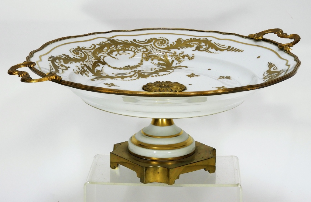 Appraisal: C FRENCH LIMOGES GILT PORCELAIN CENTERPIECE France th CenturyBronze mounted