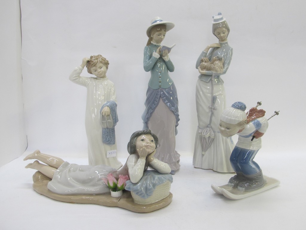 Appraisal: Lladro boy skiing two Lladro ladies and two Nao figures