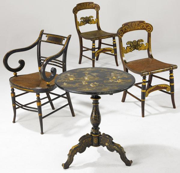 Appraisal: AMERICAN FURNITURE Chinoiserie tilt-top table with mother-of-pearl inlay together with