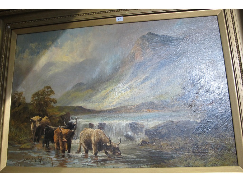 Appraisal: STANLEY GRAHAM Oil on canvas Highland Landscape with Cattle signed