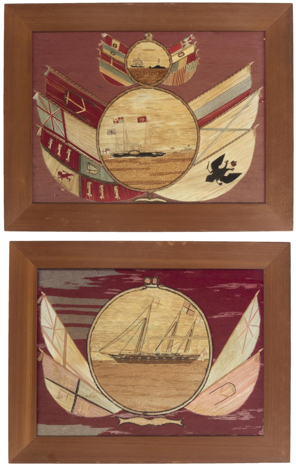 Appraisal: A pair of framed British maritime folk art woolworks th