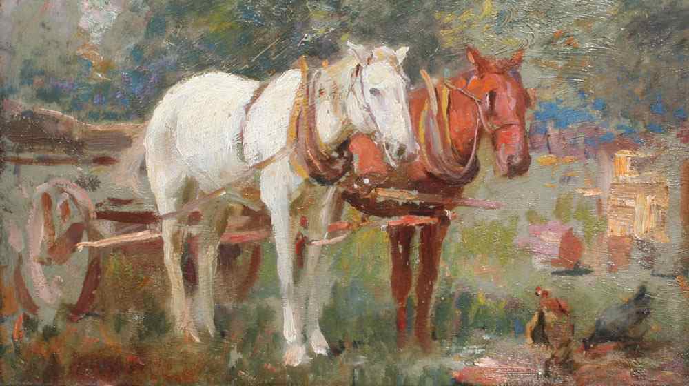 Appraisal: EXCEPTIONAL IMPRESSIONIST OIL BOARD OF TWO HORSES STANDING IDLE ATTACHED