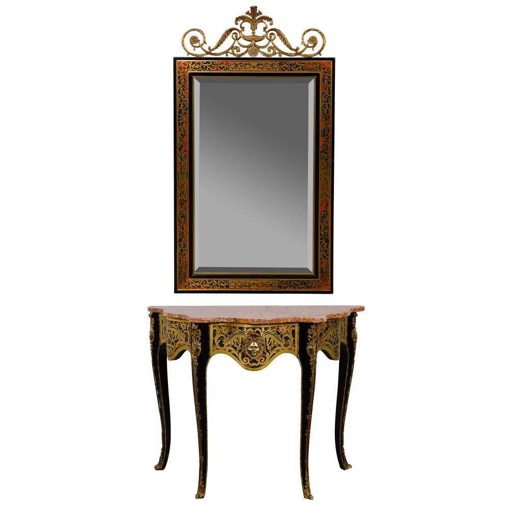 Appraisal: BOULLE STYLE CONSOLE TABLE AND MIRRORBoth having brass inlaid faux