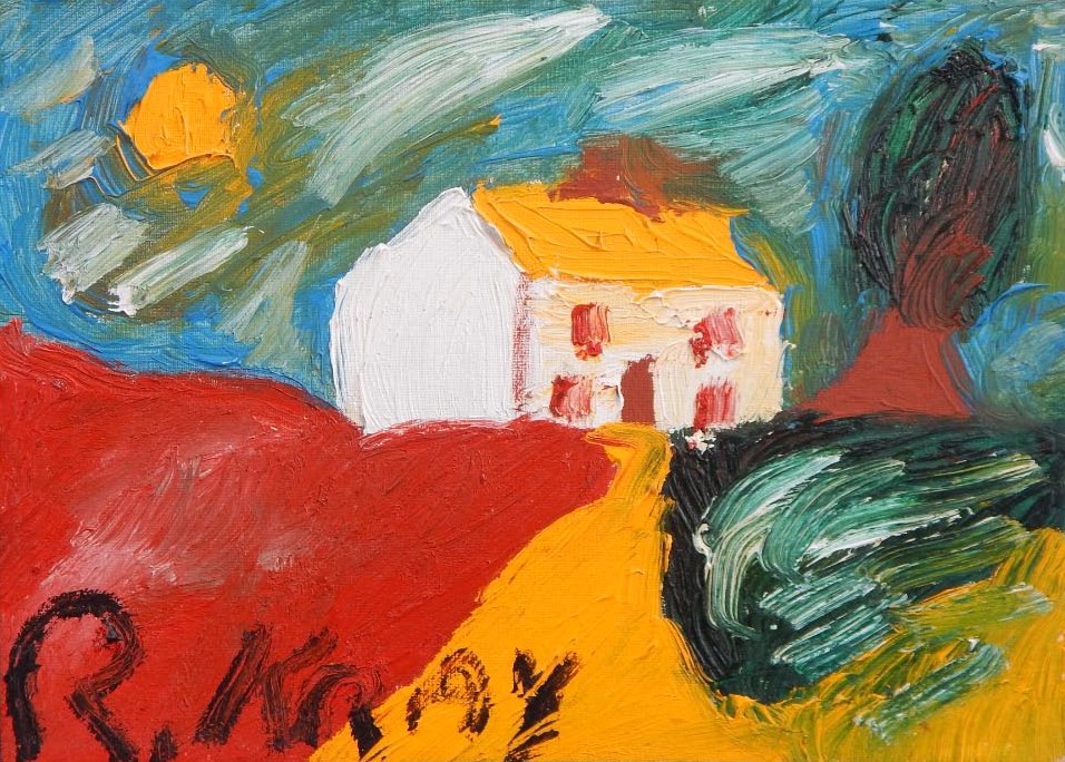 Appraisal: Ronnie Kray - Landscape showing house tree and sun oil