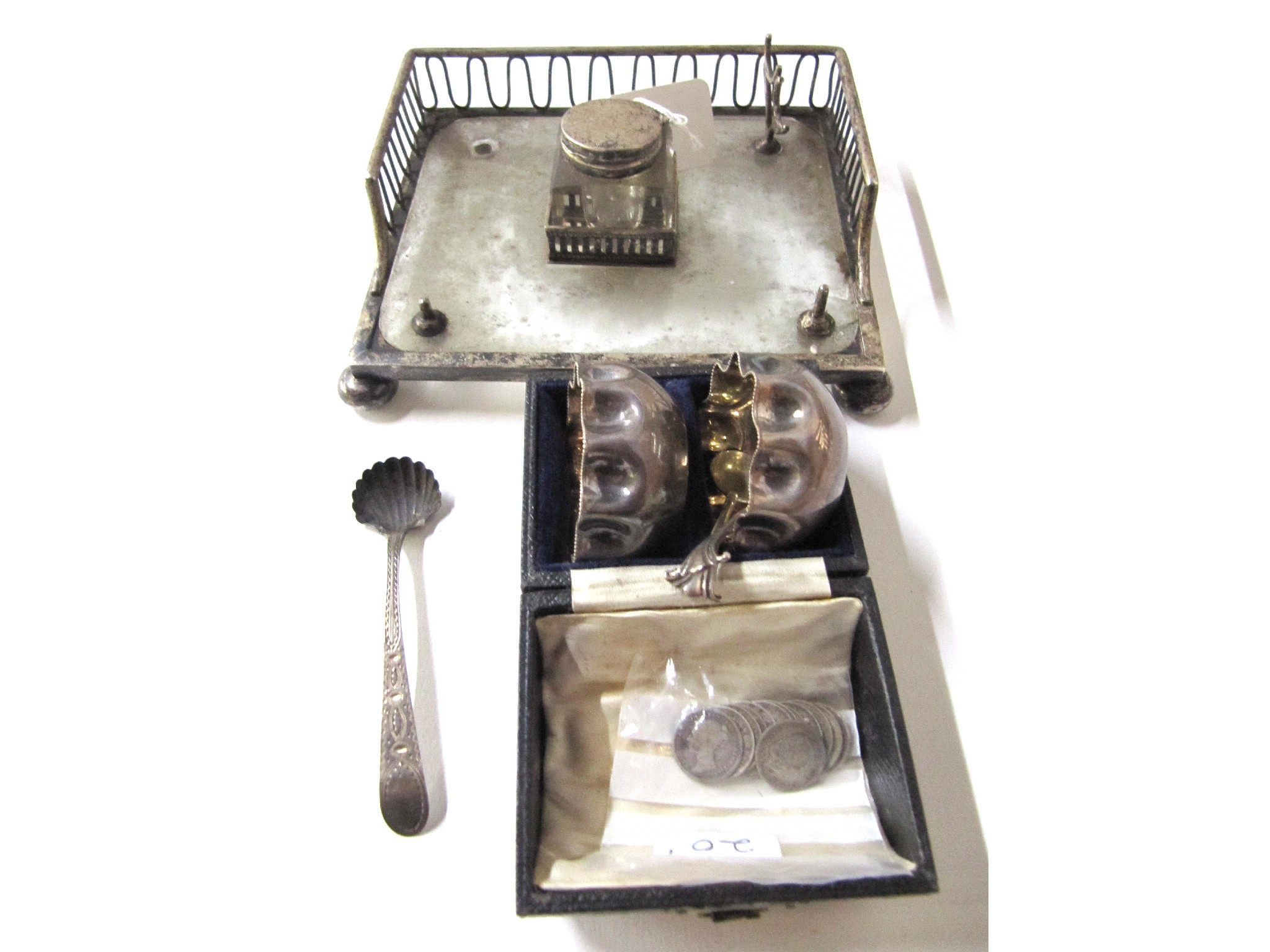 Appraisal: A lot comprising a silver inkstand mustard spoon pair of