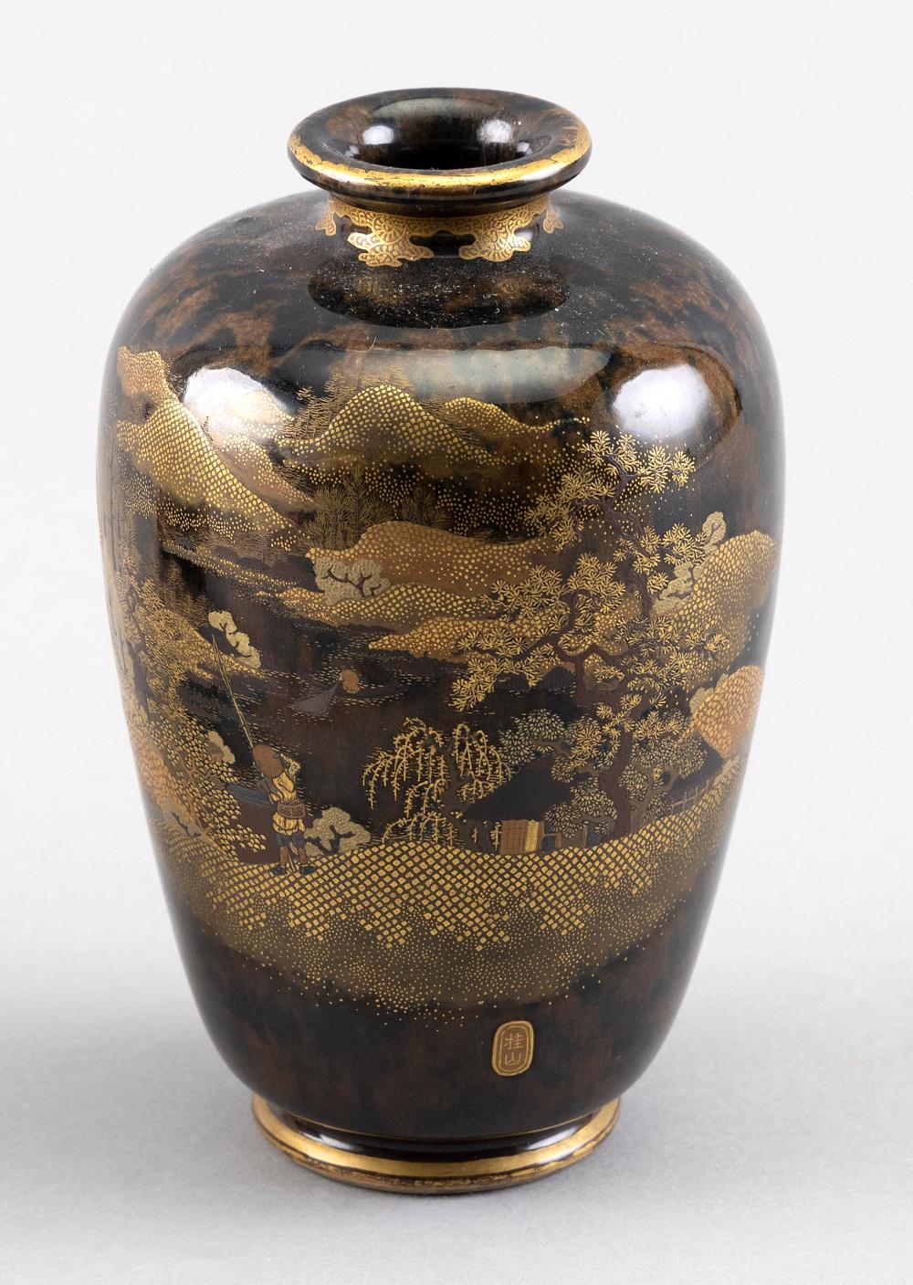 Appraisal: JAPANESE GILT-ON-BLACK PORCELAIN VASE MEIJI PERIOD HEIGHT JAPANESE GILT-ON-BLACK PORCELAIN