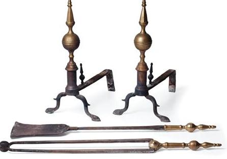 Appraisal: PAIR OF FEDERAL BRASS BALL-AND-SPIRE-TOP ANDIRONS AND TWO SIMILAR TOOLS