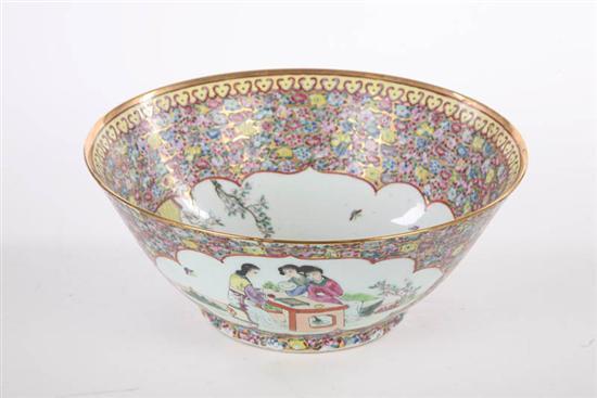 Appraisal: ORIENTAL BOWL Footed millefiori decorated bowl with handpainted scenes of