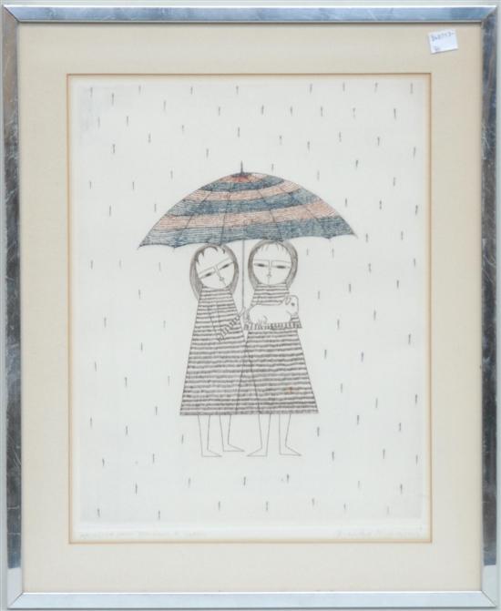 Appraisal: MINAMI KIKO ETCHING Twins in rain holding umbrella one holding