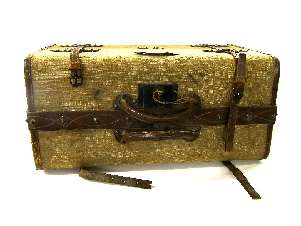 Appraisal: Interesting old canvas covered and leather bound small French suitcase