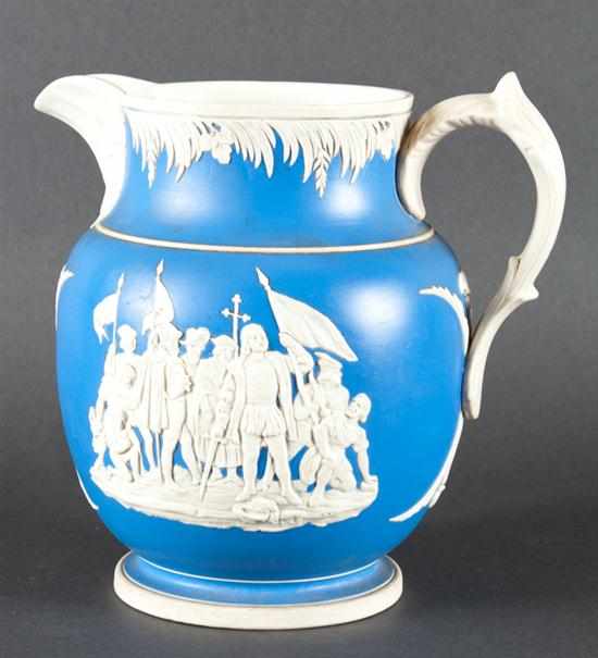 Appraisal: Copeland blue and white jasperware jug commemorating the th anniversary