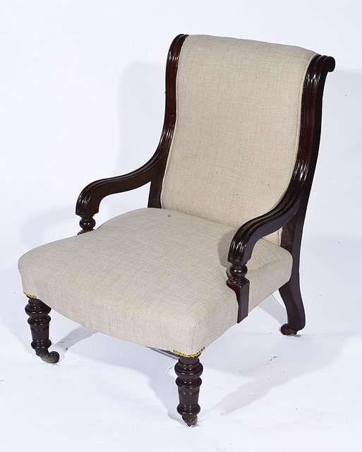 Appraisal: A VICTORIAN MAHOGANY FRAMED ARMCHAIR with oatmeal upholstery on turned