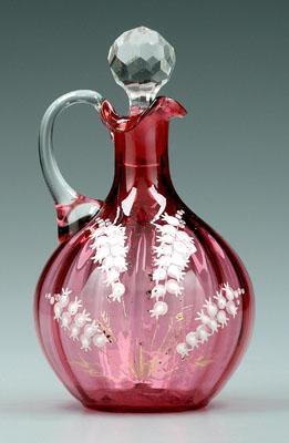 Appraisal: Decorated cranberry cruet clear glass handle and stopper enamel and