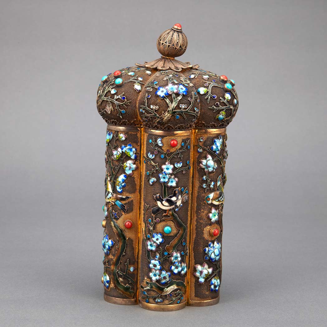 Appraisal: Chinese Enameled Gilt-Silver Covered Vase th Century Of foliate lobed